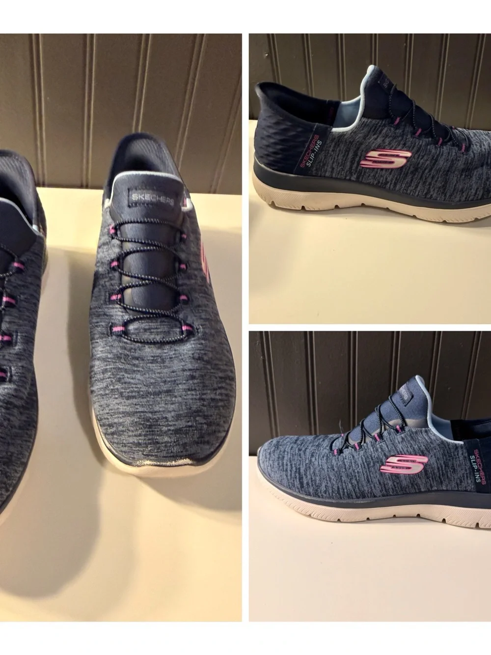 Skechers women’s slip navy -On Athletic Sneakers with Pink Accents